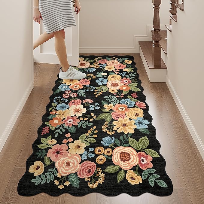 DUKINO 2x5 Washable Runner Rugs, Non Slip Floral Print Entryway Rug with Soft Low Pile, Lightweight Mat for Living Room, Bathroom, Bedroom, Kitchen, Black