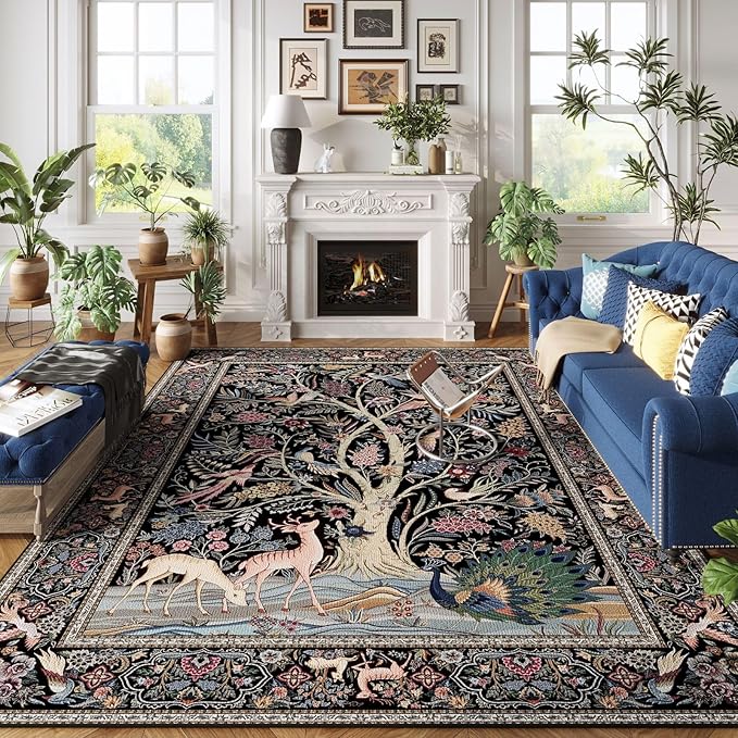 Rugcomf Area Rugs 9x12 Living Room Vibrant Tree of Life-Patterned Vintage Washable Rug Non Slip Low Pile Large Rug for Bedroom Farmhouse Dining Room Kids Playroom, Black