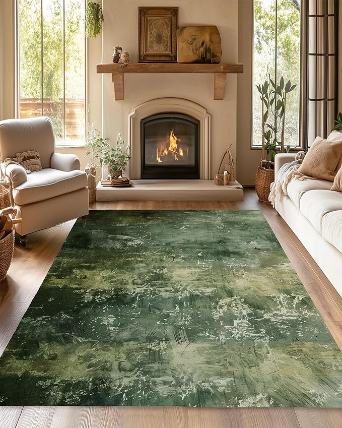 Green Vintage Distressed Carpet for Living Room, 5x7 Non-Slip Washable Low Pile Abstract Design Rug, Space Saving Area Rug for Bedroom, Dining Room