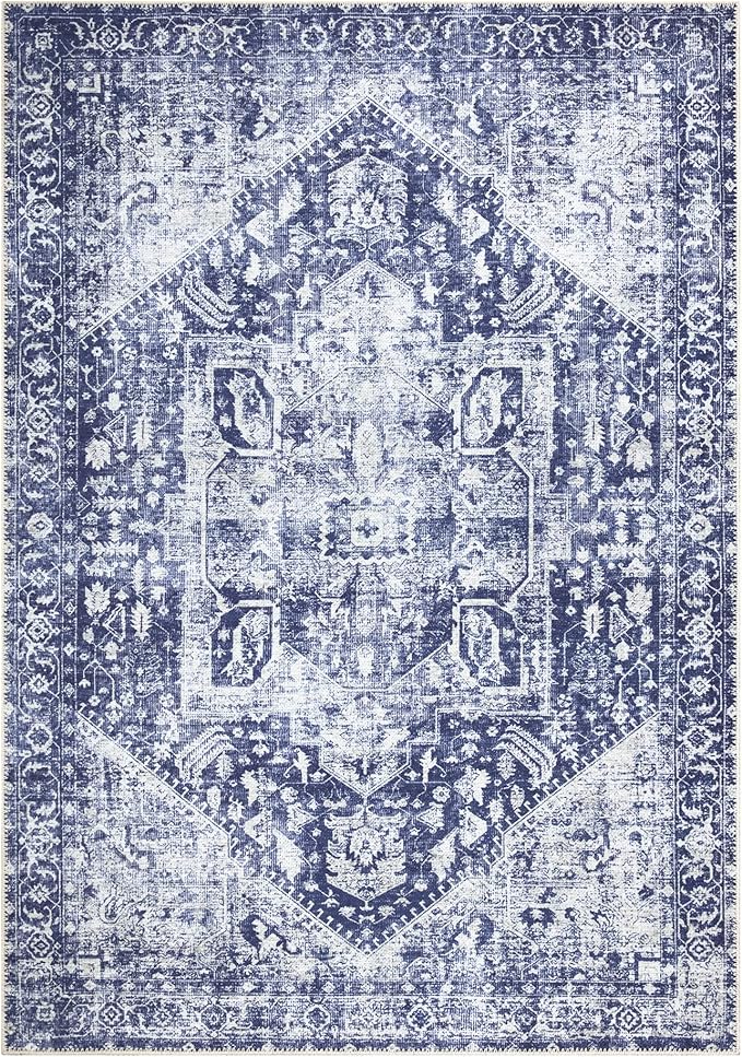 Bloom Rugs Washable Non-Slip 3' x 5' Rug - Blue/Ivory Traditional Area Rug for Living Room, Bedroom, Dining Room, and Kitchen - Exact Size: 3' x 5'
