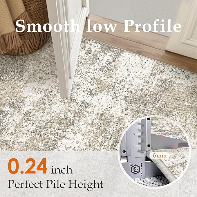 Runner Rug 2x8 Beige Machine Washable Modern Abstract Hallway Carpet Non Slip Neutral Long Carpet Low Pile Soft Non Shedding Contemporary Rug for Bathroom Laundry Kitchen Bedroom