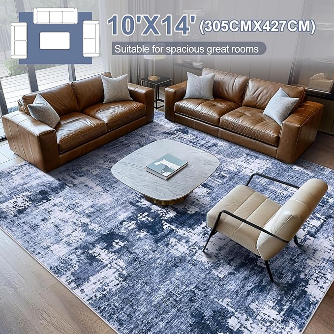 Area Rug Living Room Rugs - 10x14 Washable Large Soft Indoor Neutral Modern Abstract Low Pile Rug Carpet for Bedroom Dining Room Farmhouse Home Office - Navy Blue