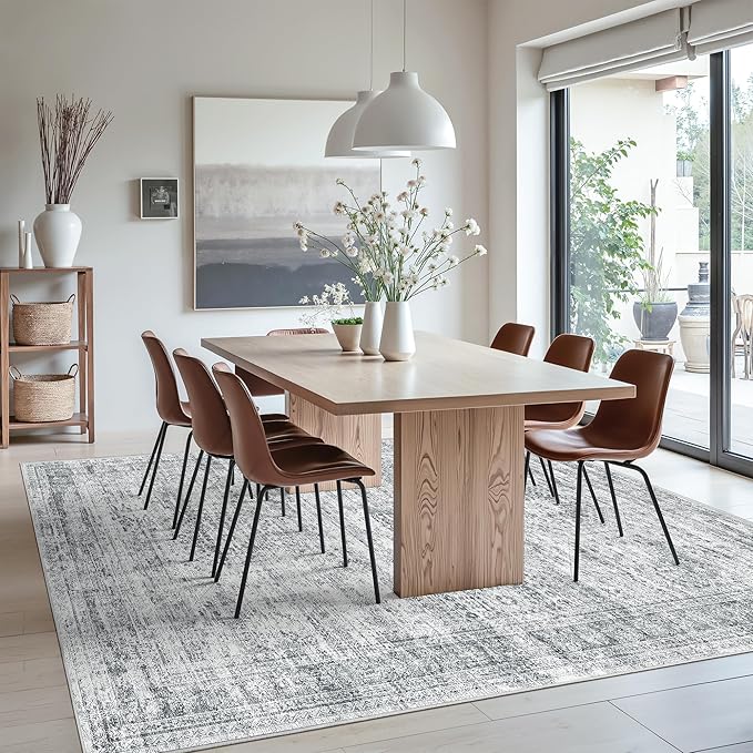 Washable Area Rug 8x10, Large Soft Rugs for Living Room Farmhouse Vintage Gray Area Rugs for Bedroom Dining Room Non-Slip Stain Resistant Under Table Rug Grey