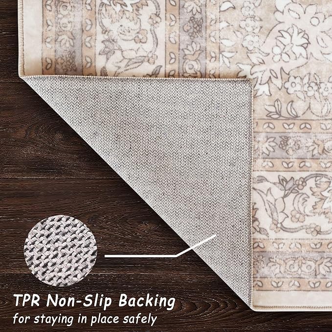 vivorug 3x5 Rug, Small Neutral Area Rug for Living Room, Bedroom, Kitchen, Machine Washable Non-Slip Throw Rug, Vintage Floral Carpet for Entryway Nursery Coffee Table - Durable (Beige)