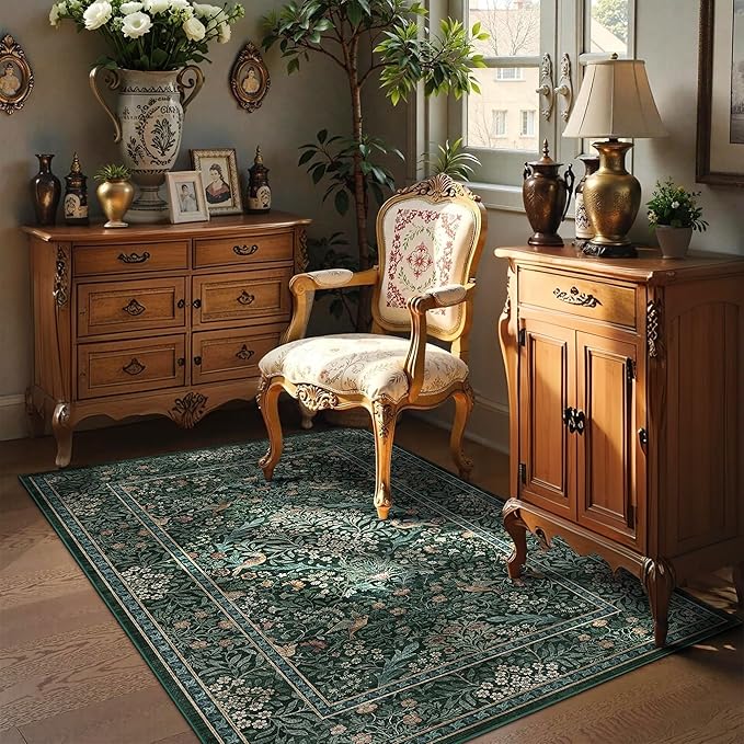 3x5 Floral Washable Area Rug for Living Room, Vintage Boho Rugs for Bedroom Dining Room, Botanical Birds Non Slip Low Pile Forest Throw Carpet for Farmhouse Office, Retro Green/Blue