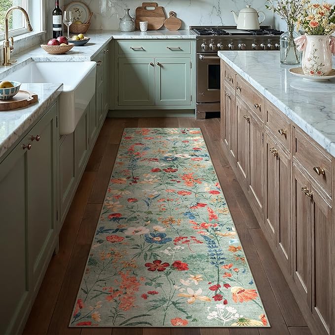 Floral Runner Rug 3x8 Washable Hallway Long Green Bedroom Carpet Non Slip Indoor Boho Kitchen Low Pile Accent Rug Lightweight Soft for Bathroom Dining Laundry Living Room