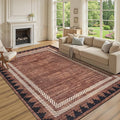 Living Room 8x10 Washable Soft Area Rug for Dining Room Living Room Foldable Non Slip Soft Indoor Carpet Modern Geometric Bordered Stain Resistant Bedroom Laundry Rugs with Rubber Back, Brick Red