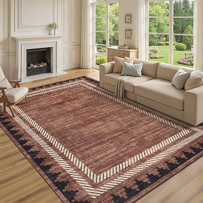 Living Room 8x10 Washable Soft Area Rug for Dining Room Living Room Foldable Non Slip Soft Indoor Carpet Modern Geometric Bordered Stain Resistant Bedroom Laundry Rugs with Rubber Back, Brick Red