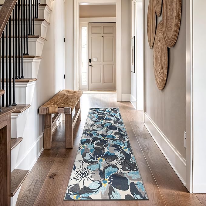 Rugshop Gray Large Floral Non-Slip Runner Rug Fade Resistant for Hallway, Entryway and Kitchen, 2'7" x 10'