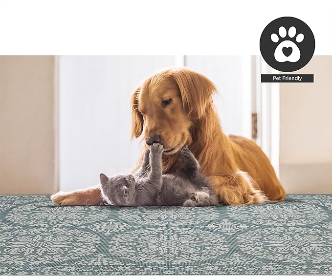 FH Home Flat Woven Outdoor Rug - Waterproof, Easy to Clean, Stain Resistant - Premium Polypropylene Yarn - Persian Farmhouse - Large Patio, Deck, Sunroom - Marbella - Ocean - 7ft 10 in x 10ft 9in