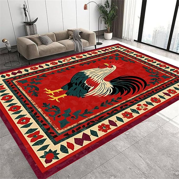 Vintage Rooster Area Rug,6x8ft,Beautiful Floral Border Country Style Rooster Rug，Colorful Retro Home Decoration Rugs，Washable Carpet for Living Room Bedroom Kitchen Farmhouse Office