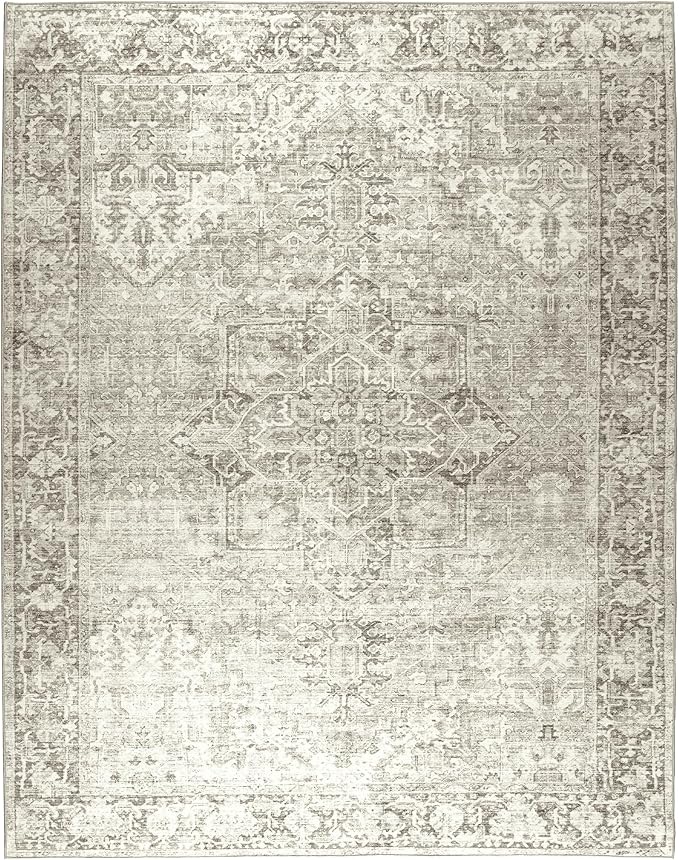 ReaLife Rugs Machine Washable Area Rug - Living Room Bedroom Bathroom Kitchen Entryway Office - Padded Low Pile Stain Resistant Premium - Boho Farmhouse Vintage - Lyle - Beige Ivory 5' x 7'