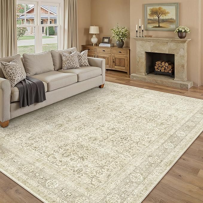 Vintage Area Rug 9x12 Beige Washable Living Room Large Carpet Non Slip Bedroom Indoor Office Low Pile Traditional Distressed Retro Accent Rug for Dining Room