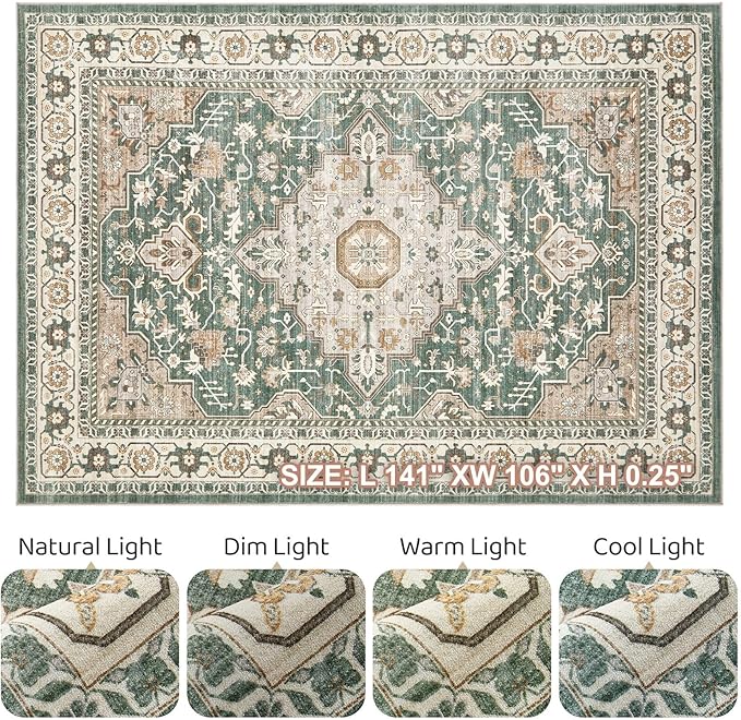 9x12 Area Rug Living Room: Machine Washable Boho Large Vintage Soft Rugs Stain Resistant Farmhouse Oriental Non Slip Indoor Floor Carpet for Bedroom Nursery Kids Playroom Office Dining Room- Green