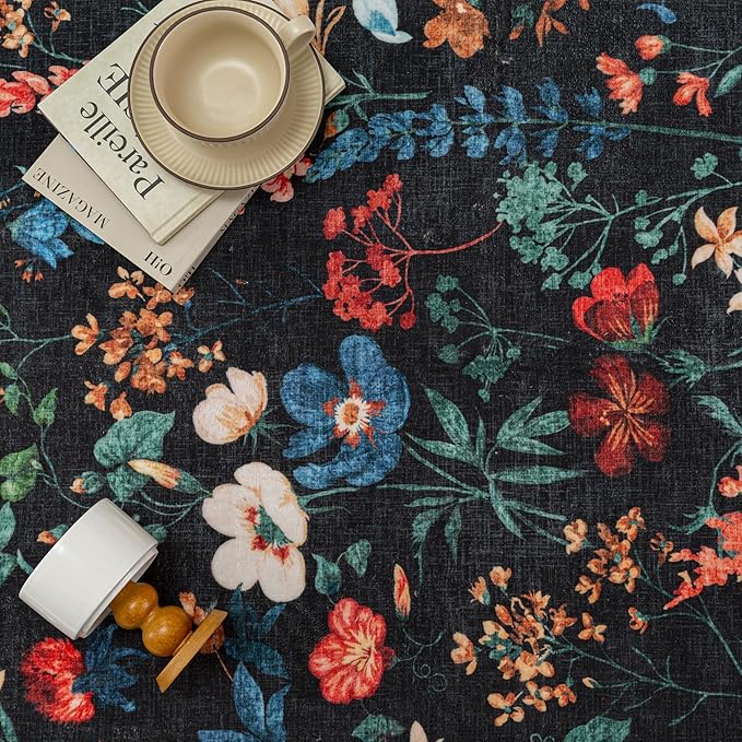 Floral Runner Rug 2x5 Washable Hallway Long Black Bedroom Carpet Non Slip Indoor Boho Kitchen Low Pile Accent Rug Lightweight Soft for Bathroom Dining Laundry Living Room
