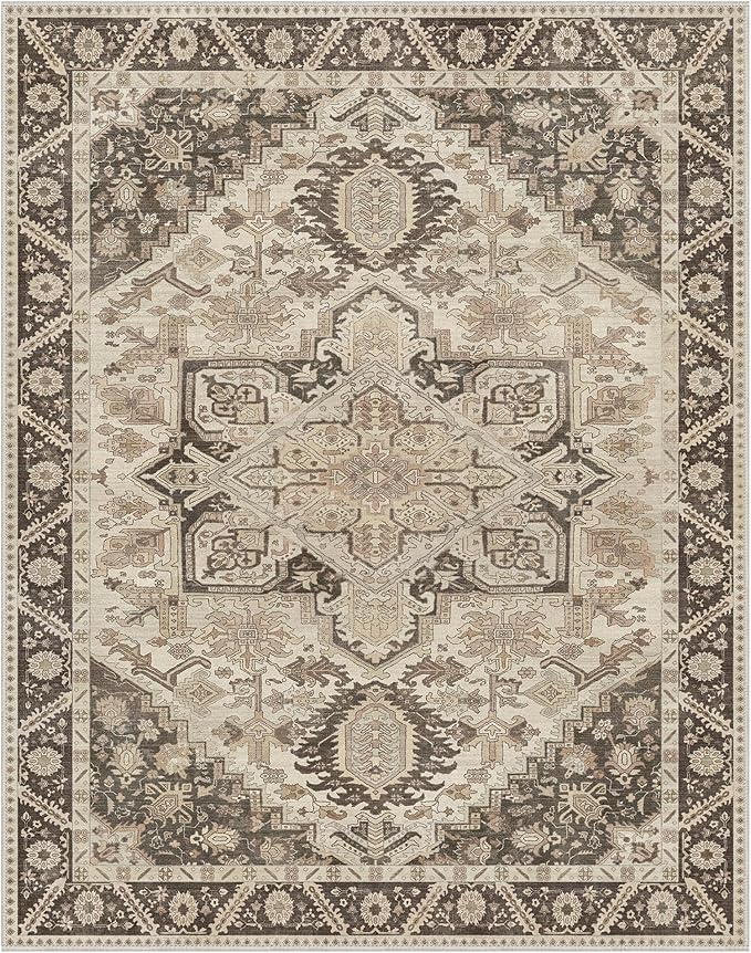 8x10 Area Rug Machine Washable Boho Rug for Living Room,Ultra-Thin Low Pile Carpet,Lightweight Indoor Printed Rug,Non Slip Floral Area Rug for Bedroom, Dining Room, Home Office,Brown