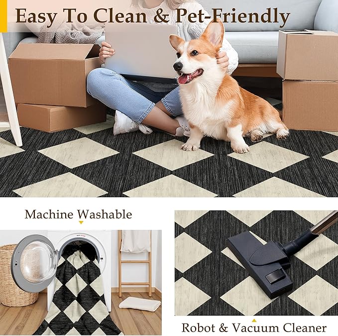 3x8 Runner Checkered Rug for Hallways Black Washable Long Carpet Non-Slip Low Pile Boho Indoor Accent Throw Rug for Entrance Kitchen Bedroom Dining Laundry