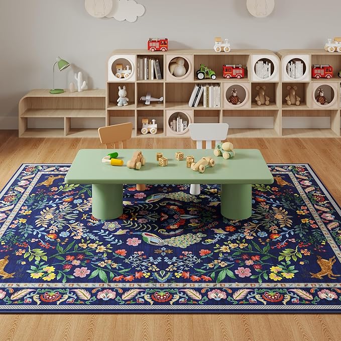 Rugcomf Living Room Rug 5x7 Rug Machine Washable Area Rug Floral Non-Slip Low Pile Large Rugs for Living Room, Bedroom, Farmhouse, Dining Room, Kids Playroom(Blue)