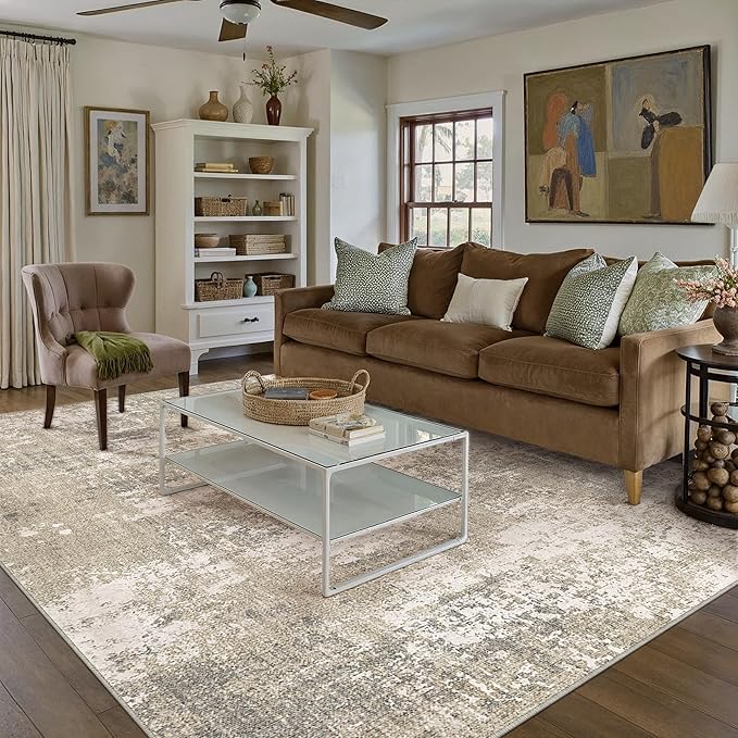 Beige Area Rug 6x9 Machine Washable Modern Abstract Living Room Carpet Non Slip Neutral Low Pile Soft Non Shedding Bedroom Contemporary Large Rug Indoor Office Dining Room Playroom