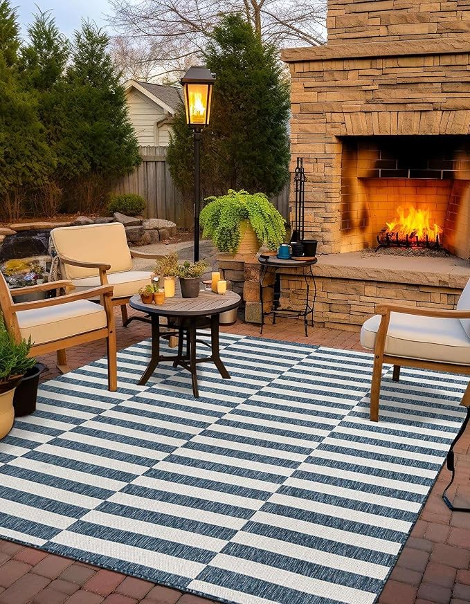 Unique Loom Outdoor Striped Collection Area Rug - Striped (5' 3" Square Blue/Ivory)