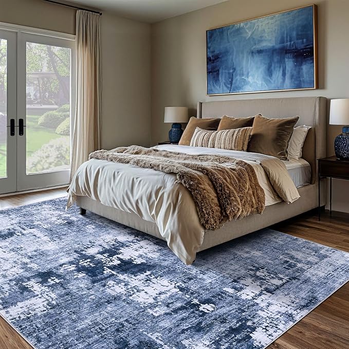Area Rug Living Room Rugs - 10x14 Washable Large Soft Indoor Neutral Modern Abstract Low Pile Rug Carpet for Bedroom Dining Room Farmhouse Home Office - Navy Blue