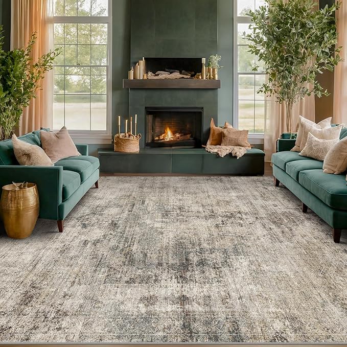 5x8 Dark Rug for Living Room, Vintage Unique Area Rug for Mudroom, Home Office, Dining Room, Washable Non Slip Brown Taupe Décor