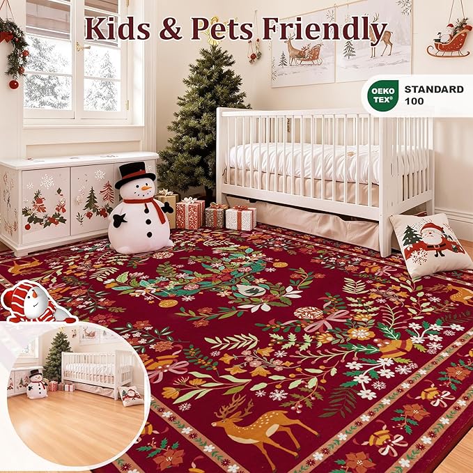 8x10 Area Rugs Living Room Rug: Christmas Washable Rug Floral Soft Carpet Indoor Floor Non-Slip Boho Stain Resistant Large Carpets for Bedroom Kids Nursery Dining Room Farmhouse Home Office Red