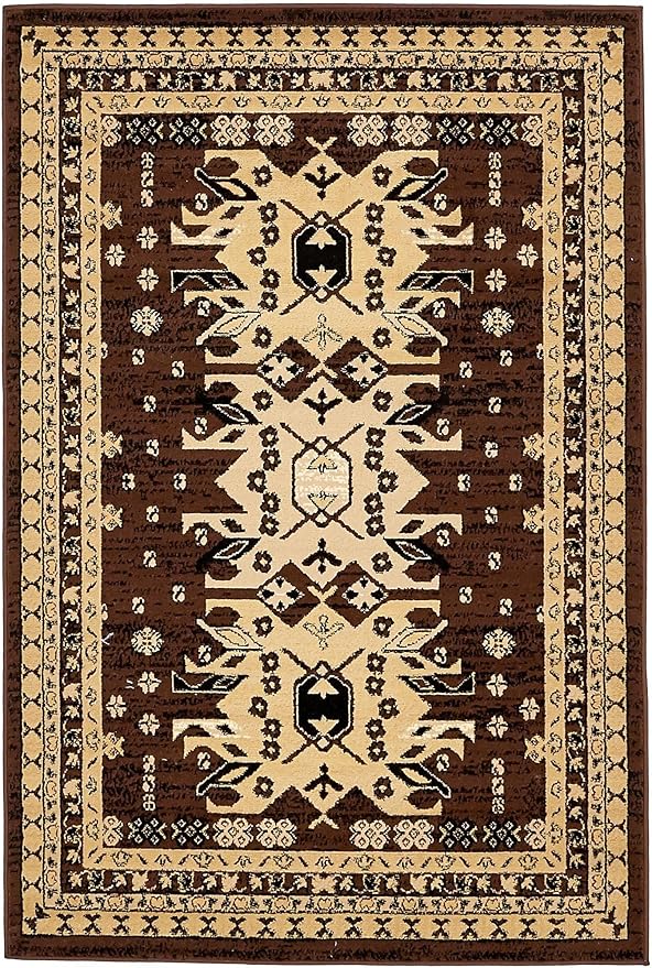 Unique Loom Taftan Collection Border Geometric Tribal Inspired Design Area Rug (4' 0 x 6' 0 Rectangular, Brown/ Tan)