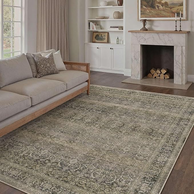 HUGEAR 8x10 Washable Area Rug Taupe Vintage Neutral Living Room Rug Soft Non Slip Large Distressed Carpet Low Pile Pet Friendly for Bedroom Dining Room