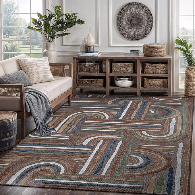 CAMILSON Indoor Outdoor Rug, Brown 6x9 Geometric Arch Striped Area Rugs for Patio and Home Areas, Easy-Cleaning Non-Shedding Living Room, Garden and Deck Washable Outside Carpet (6 x 9)
