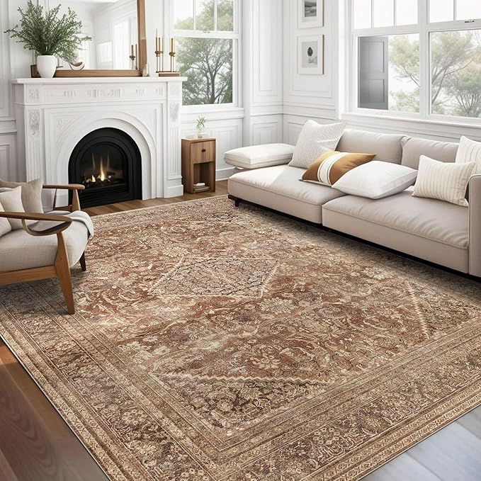 vivorug 6x9 Area Rugs, Ultra-Soft Washable Rug for Living Room Dinner Room Bedroom, Non-Slip Vintage Rug, Indoor Carpet Large Area Rug, Earth Tone