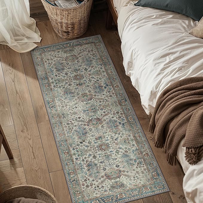 Bavni Bedroom Rug Runners for Hallways, Washable Runner Rug 2x10, Low Pile Non-Slip Indoor Throw Carpet for Bedroom Laundry Room, Blue/Ivory