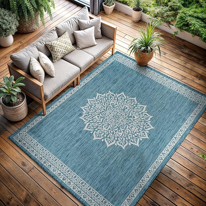 CAMILSON Outdoor Rug 6x9 Medallion Aqua Modern Area Rugs for Indoor and Outdoor Patios Kitchen and Hallway Mats Washable Porch Deck Outside Carpet (Medallion Aqua 6 x 9)