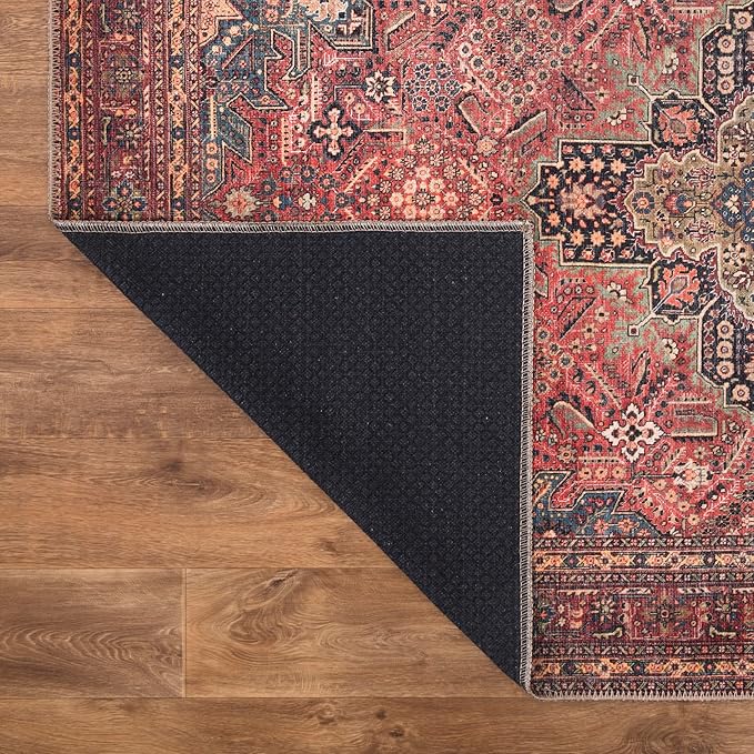 Bloom Rugs Washable Non-Slip 10 ft Runner - Red/Teal Blue/Yellow Traditional Medallion Runner for Entryway, Hallway, Bathroom, and Kitchen - Exact Size: 2.5' x 10'