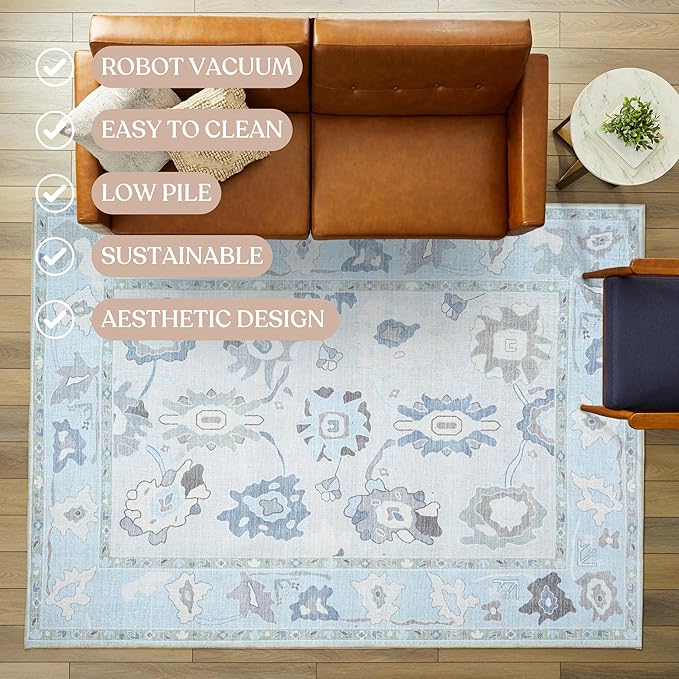 Fame Living Cream Blue Oushak Runner Rug, Modern Runners, Vintage, Turkish, Eclectic, Floral, Pastel, Washable, Long Runner Rugs for Hallway, Kitchen, Living Room, Bedroom, Kitchen, Bathroom, 2'5"x13'