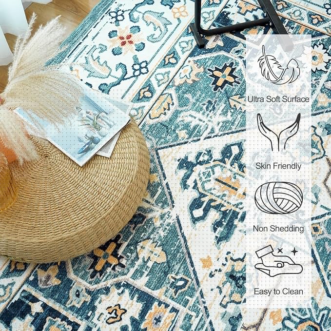 VK VK·LIVING Machine Washable Rug 2'x6' Vintage Design Washable Runner Area Rugs with Non Slip Rugs for Living Room Bedroom Traditional Woven Carpet Stain Resistant Dining Boho Rug, Green&Beige