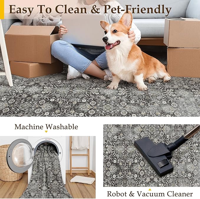 Black Runner Rug 2'6"x10' Vintage Area Carpet Hallway Long Indoor Kitchen Washable Living Room Low Pile Traditional Distressed Retro Accent Rug Non Slip Laundry Bathroom Office Dining Room