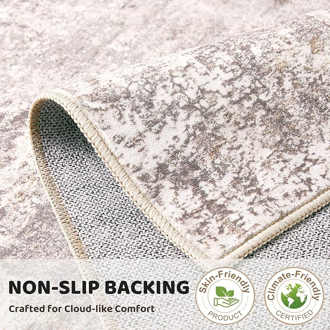 6ft Round Area Rug Living Room Rugs - 6x6 Washable Large Soft Indoor Neutral Modern Abstract Low Pile Rug Carpet for Bedroom Dining Room Farmhouse Home Office - Brown