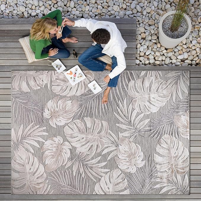 CAMILSON Indoor Outdoor Rug, Beige 10’x14’ Leaf Tropical Botanical Area Rugs for Indoor and Outdoor patios, Easy-Cleaning Non-Shedding Living Room, Garden and Kitchen Washable Outside Carpet (10x14)