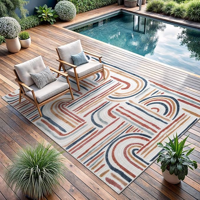 CAMILSON Indoor Outdoor Rug, Multicolor 10x14 Geometric Arch Striped Large Area Rugs for Patio and Home Areas, Easy-Cleaning Non-Shedding Living Room, Garden and Deck Washable Outside Carpet 10 x 14