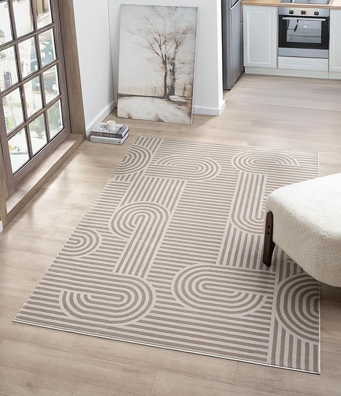 Annabel Modern Geometric Area Rug for Living Room, 6x9 Contemporary Arched Linear Beige Neutral Rug, Stain Resistant Non-Shedding Carpet for Bedroom, Dining Room or Kitchen (6' x 9', Beige)