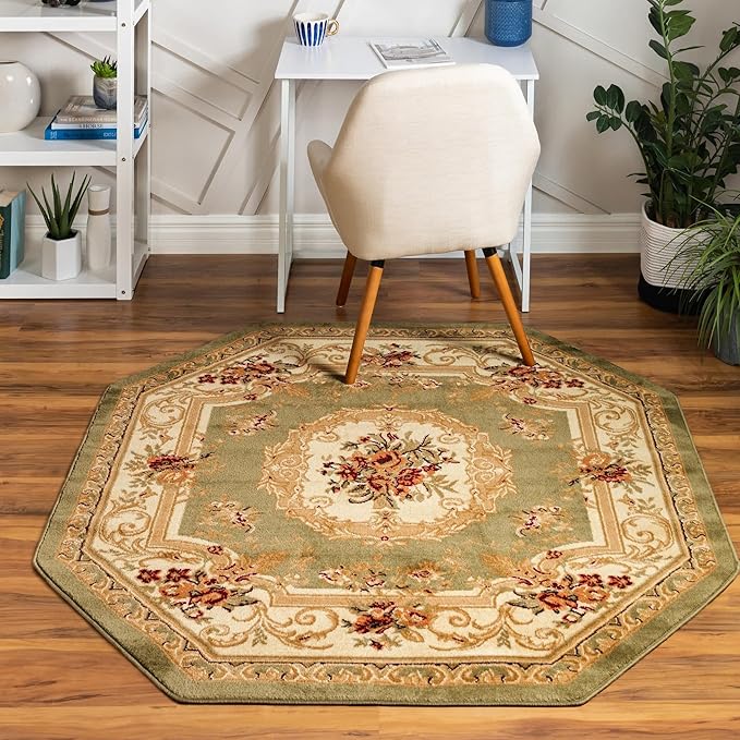 Unique Loom Versailles Collection Traditional Classic Floral Motif Area Rug (5' 0 x 5' 0 Octagon, Green/Ivory)
