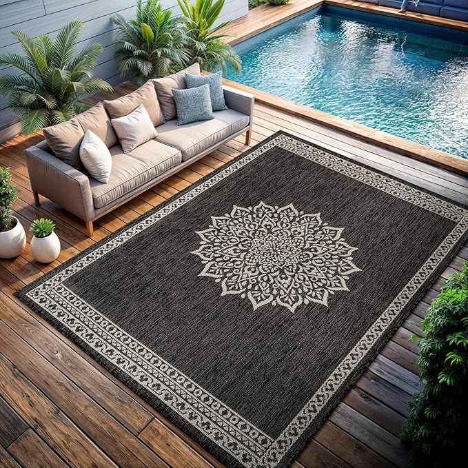 CAMILSON Outdoor Rug 6x9 Medallion Darkgray Modern Area Rugs for Indoor and Outdoor Patios Kitchen and Hallway Mats Washable Porch Deck Outside Carpet (Medallion Darkgray 6 x 9)