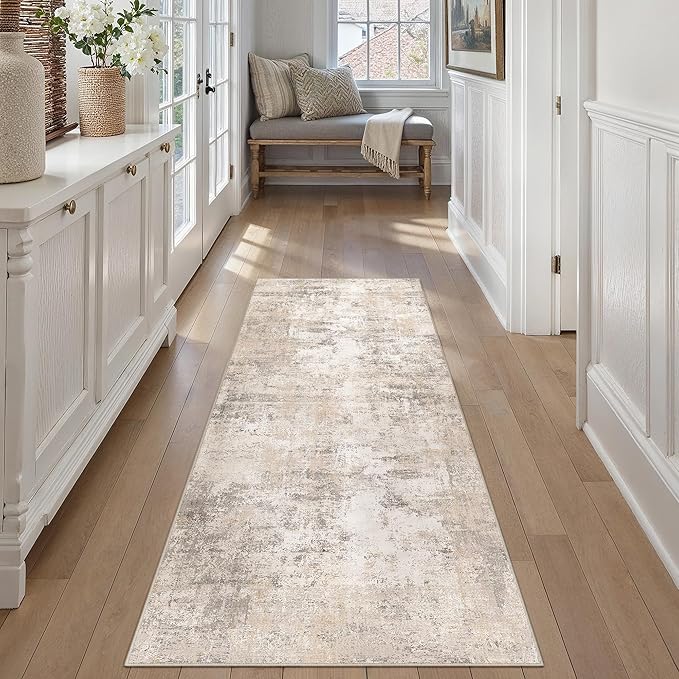 2'6x8 Washable Runner Rug Beige Grey Abstract Hallway Kitchen Throw Rug Neutral Modern Non Slip Soft Low Pile Carpet for Bathroom Laundry Bedroom Living Room