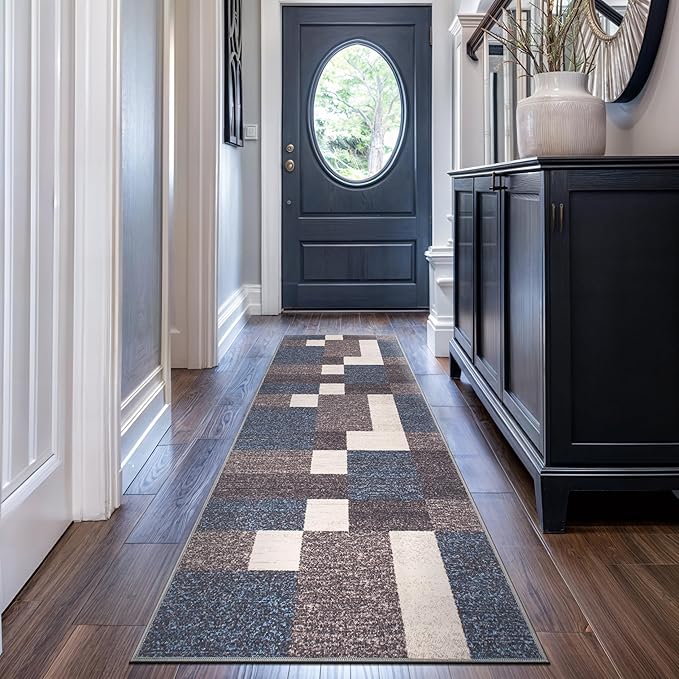Rugshop Contemporary Modern Boxes Design Non-Slip (Non-Skid) Carpet for Hallway,Kitchen,Entryway Runner Rug 2'7" x 12' Blue