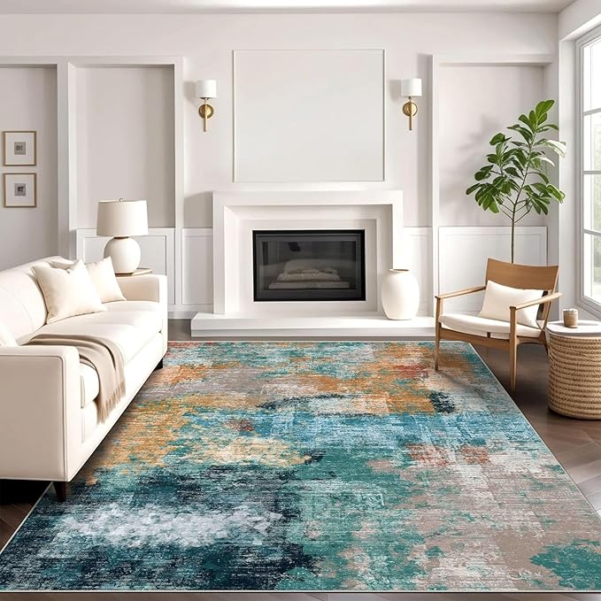 vivorug 9x12 Area Rugs for Living Room, Non Slip Machine Washable Modern Abstract Rug, Ultra-Thin Lightweight Large Area Rug Carpet for Bedroom, Dining Room, Low Pile, Rosy Clouds