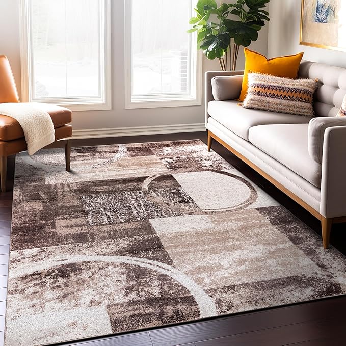Rugshop Contemporary Abstract Circle Design Area Rug, Fade-Resistant Carpet for Living Room, Dining Room, or Office, Brown, 8'8" x 12'
