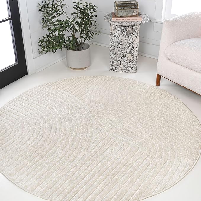 JONATHAN Y Hallie High-Low Curve Ivory/Cream 7' Round Indoor/Outdoor Area Rug, Minimalist, Pet Friendly, Non-Shedding, Stain Resistant, Hose-Washable for Backyard, Patio, Porch (SCN100B-7R)