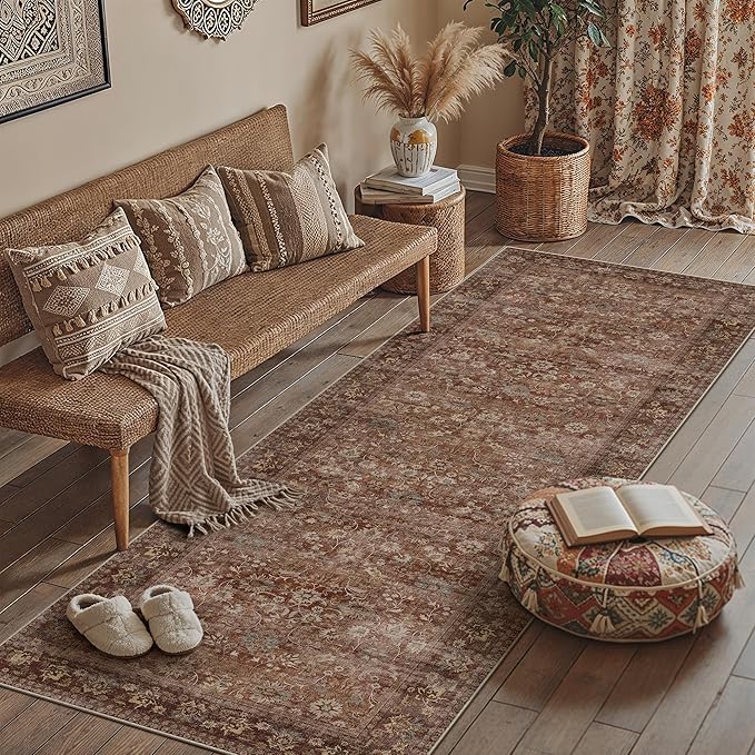 HUGEAR 3x10 Runner Rug Machine Washable Brick Red Hallway Area Rug Indoor Accent Rug Floral Low Pile Carpet Soft Throw Rug Bedroom Living Room Office Dining Room Kitchen Laundry Room Non Slip