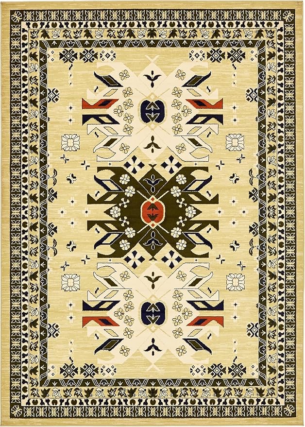 Unique Loom Taftan Collection Border Geometric Tribal Inspired Design Area Rug (7' 0 x 10' 0 Rectangular, Gold/ Gray)